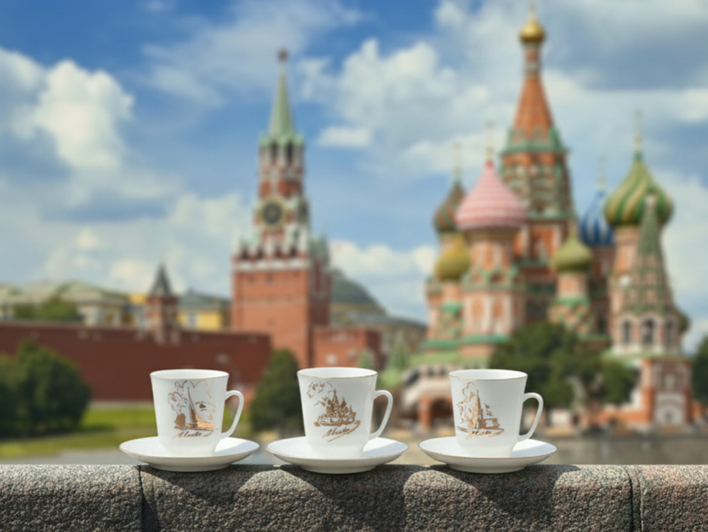 Чашка с блюдцем «Золотая Москва Космос» Форма: Майская. Толстостенный костяной фарфор