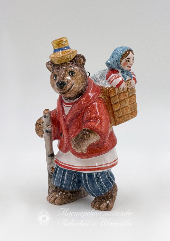 Елочная игрушка «Маша с медведем» Майолика. 55 x 120 мм.