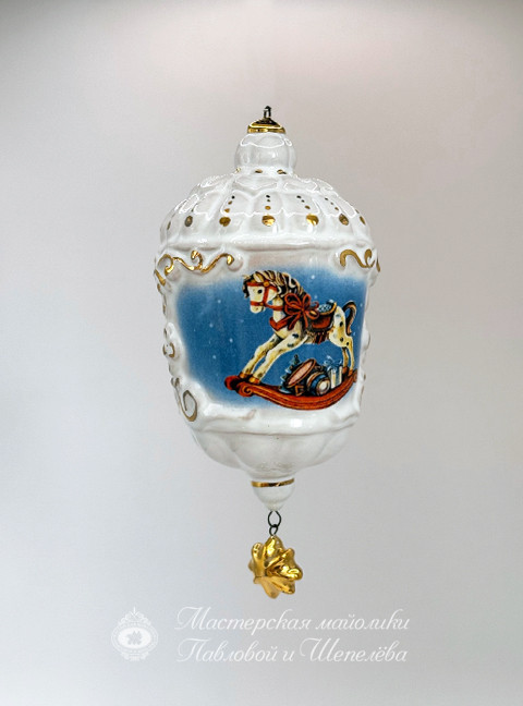 Елочная игрушка «Фонарик ажурный Игрушки» Майолика. 60 x 120 мм.
