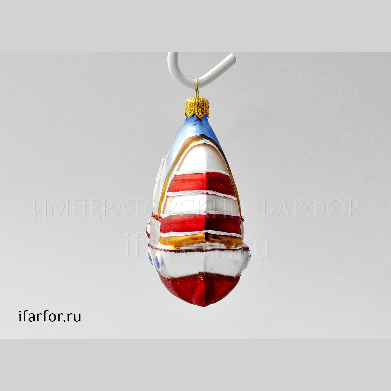 Елочная игрушка «Парусник полосатый красный» Стекло. 70 x 85 мм.