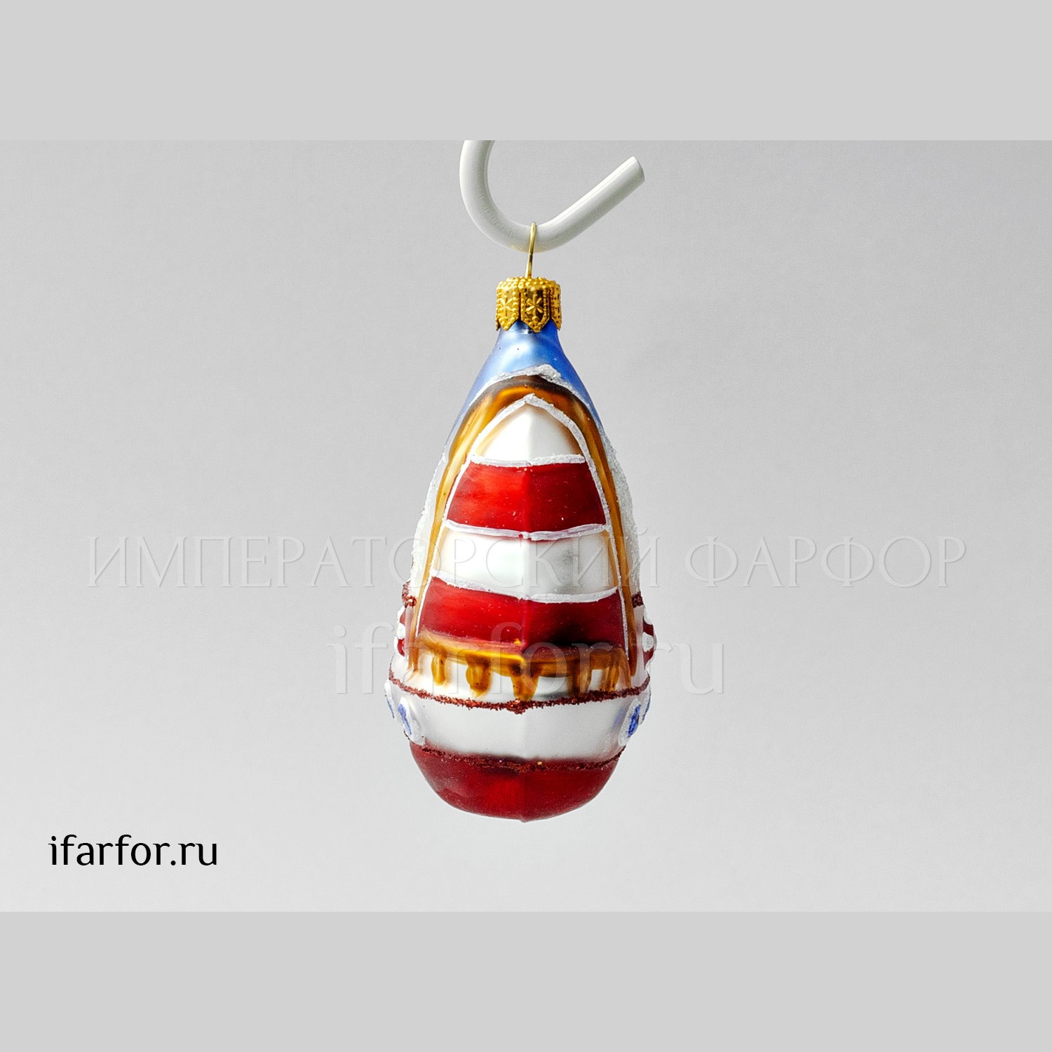 Елочная игрушка «Парусник полосатый красный» Стекло. 70 x 85 мм.