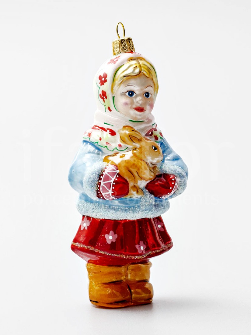 Елочная игрушка «Девочка с зайцем» Стекло. 50 x 135 мм.