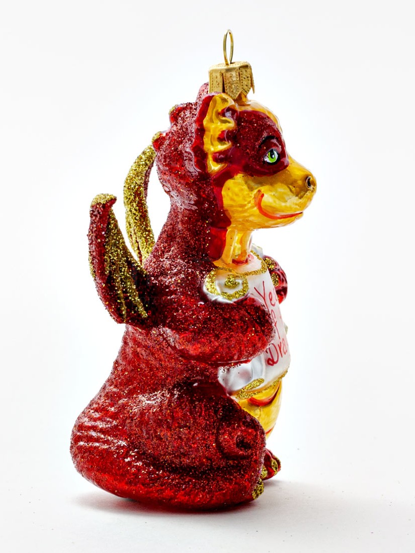 Елочная игрушка «Китайский дракон красный» Стекло. 90 x 105 мм.