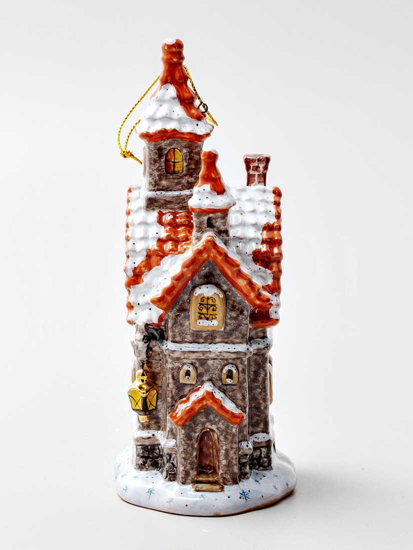 Елочная игрушка «Дом с фонарем» Форма: Дом с фонарем. Майолика. 80 x 170 мм.