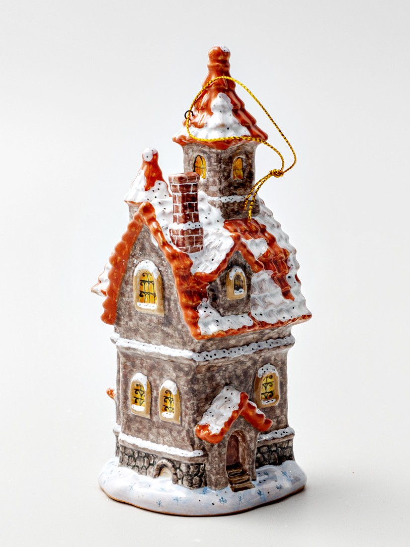 Елочная игрушка «Дом с фонарем» Форма: Дом с фонарем. Майолика. 80 x 170 мм.