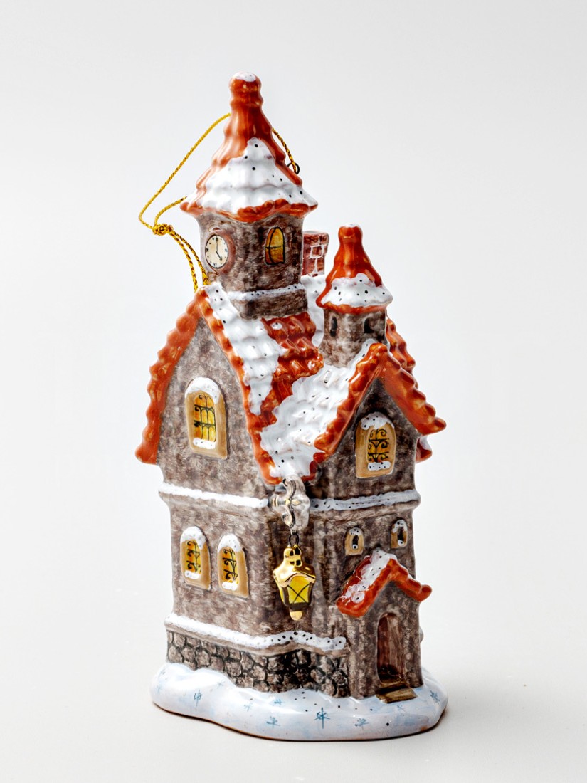 Елочная игрушка «Дом с фонарем» Форма: Дом с фонарем. Майолика. 80 x 170 мм.