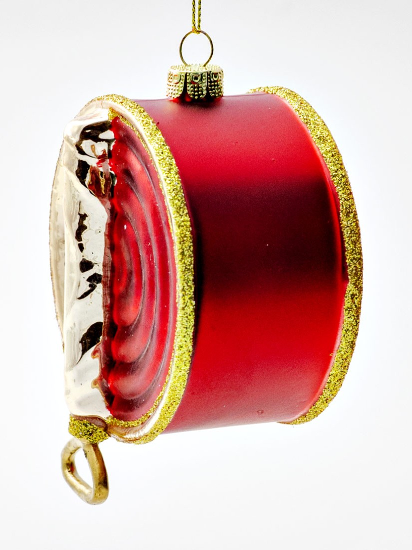 Елочная игрушка «Красная банка с осетровой икрой» Стекло. 105 мм.