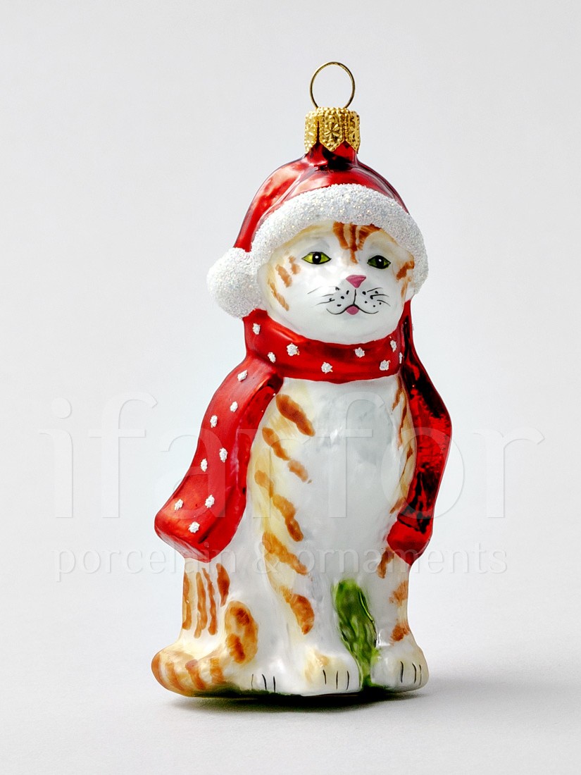 Елочная игрушка «Котик рыженький в шапке Деда Мороза» Стекло. 50 x 105 мм.