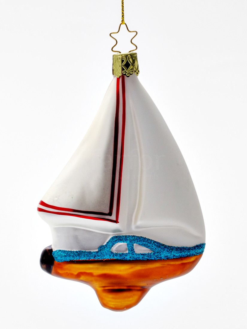 Елочная игрушка «Парусник» Стекло. 80 x 130 мм.