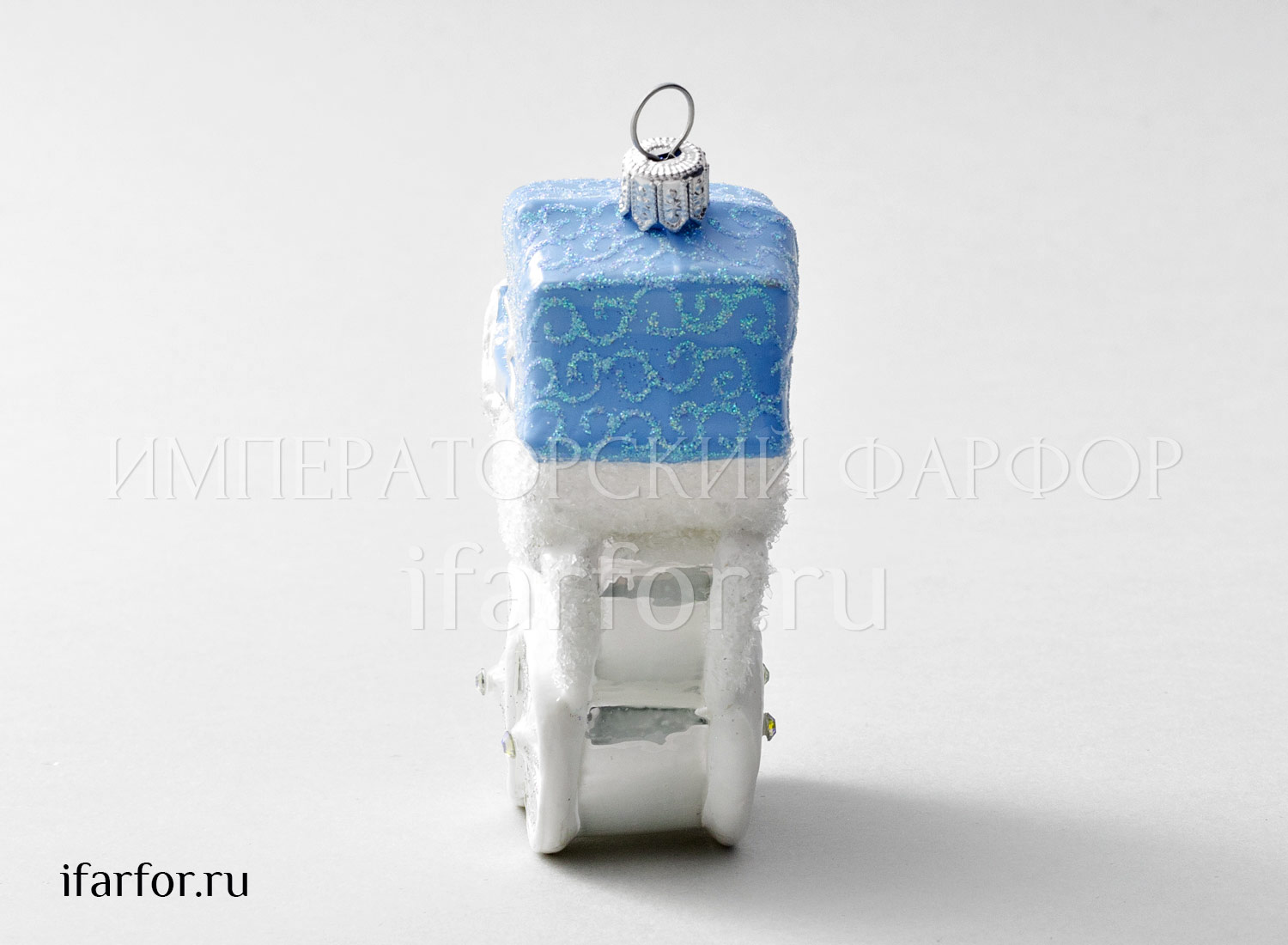 Елочная игрушка «Детская коляска голубая высокая» Стекло. 100 мм.