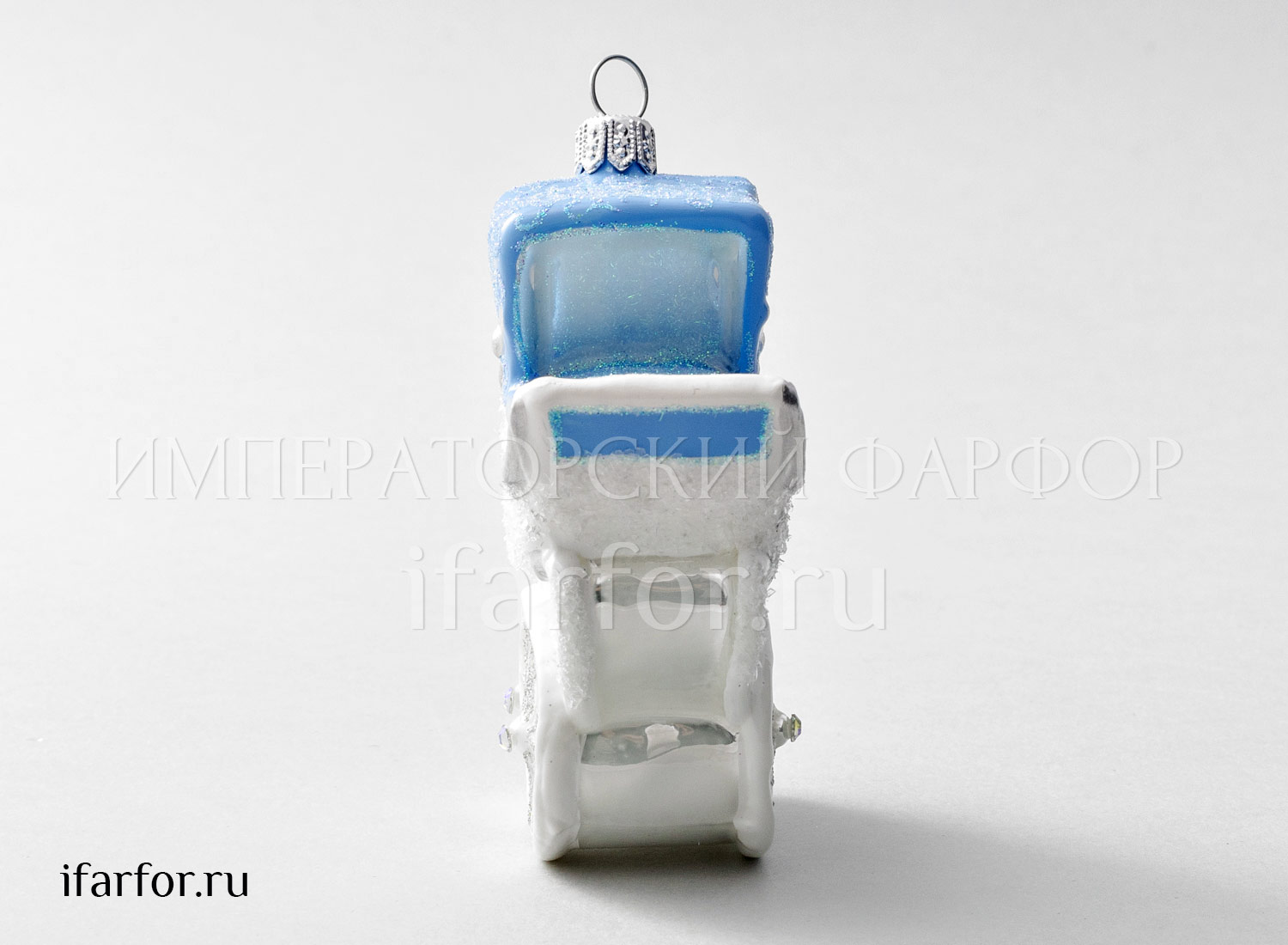 Елочная игрушка «Детская коляска голубая высокая» Стекло. 100 мм.