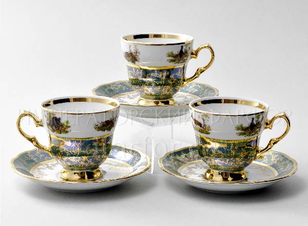 Set of caps and saucers Coffee Hunting Green 6/12 STERNE PORCELAN