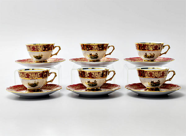 Set of caps and saucers second grade Hunting Red 6/12 Maria Teresa
