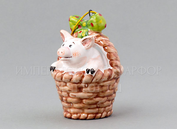Christmas tree toy Piglet in the basket Piglet in a basket with a green bow