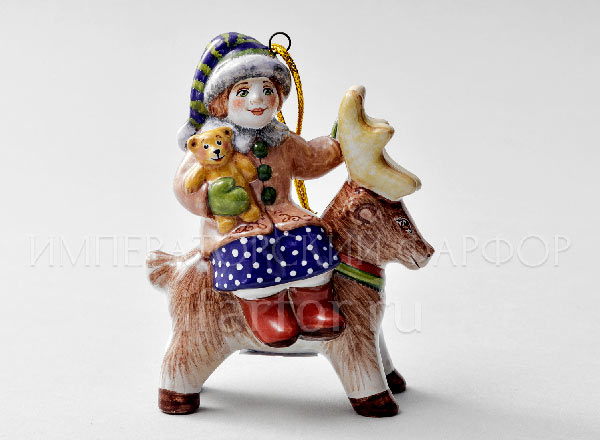 Елочная игрушка Девочка с мишкой на олене