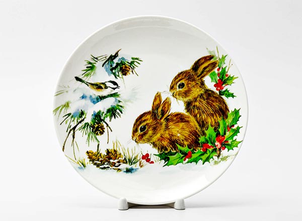 Decorative plate  Baby rabbits in winter