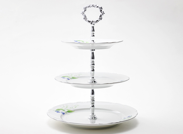 Serving stand three-tiered Constance Lilies of the Valley silver pen Constance