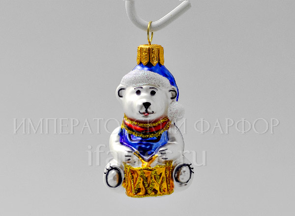 Елочная игрушка Мишка с барабаном в голубой шапке