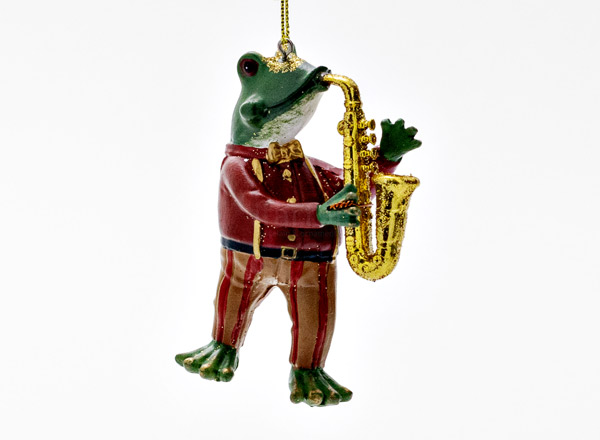 Christmas tree toy Little frog with a saxophone