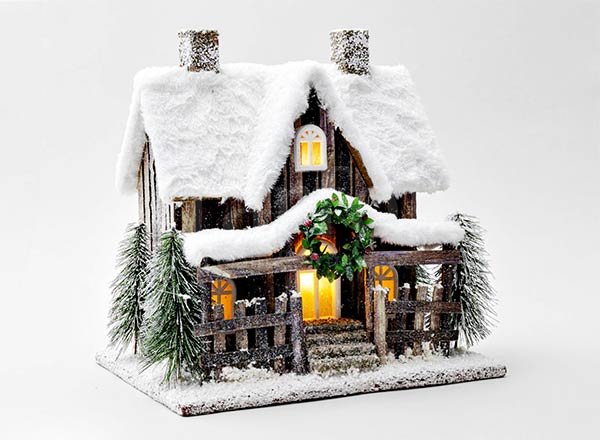 Новогоднее украшение Заснеженный светящийся дом c елками LED