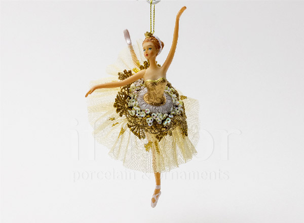 Christmas tree toy Ballerina in a dress with gold lace 2
