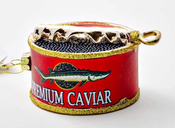 Елочная игрушка Красная банка с осетровой икрой