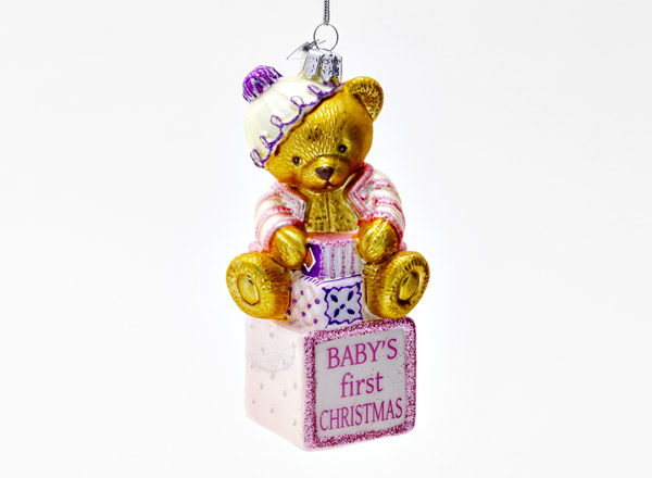 Christmas tree toy Baby bear in a pink jacket