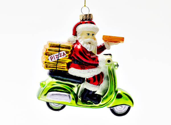 Christmas tree toy Santa Claus on a scooter with pizza