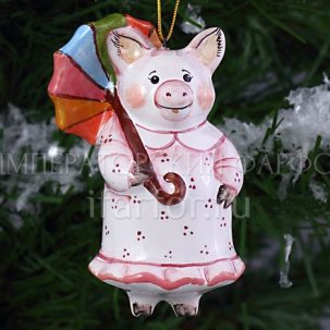 Елочная игрушка Хрюша с зонтиком