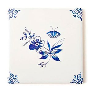Изразец Голландский. Цветок с бабочкой 4