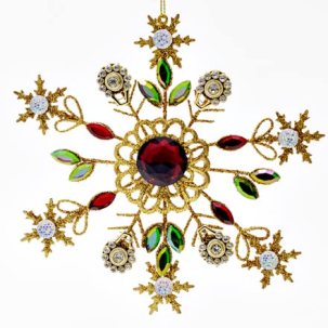 Елочная игрушка Ювелирная снежинка с красным камнем