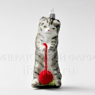 Елочная игрушка Котик серенький с клубком 120 мм.