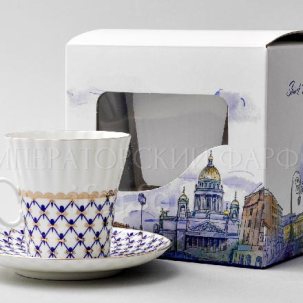 Чашка с блюдцем в подарочной коробке Петербург Кобальтовая сетка 1/2 Одуванчик