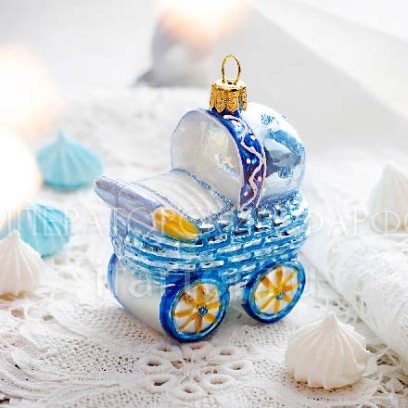 Елочная игрушка Детская коляска голубая