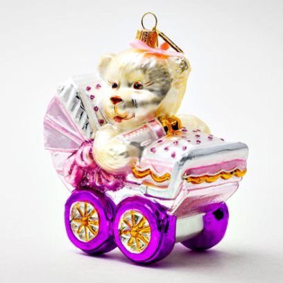Елочная игрушка Мишка Тедди в розовой коляске