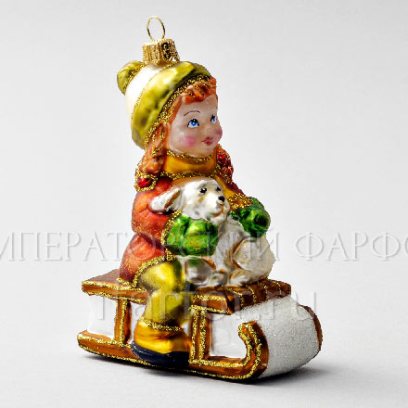 Елочная игрушка «Девочка на санках Винтаж» Стекло. 85 x 119 мм.