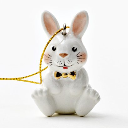 Елочная игрушка «Зайка-малыш с золотым бантом»