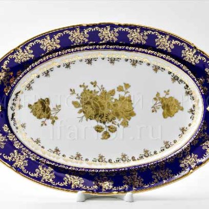 Блюдо овальное «Золотая роза Кобальт»