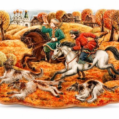 Плакетка «Рельеф Охота лето» Майолика. 465 x 350 мм.