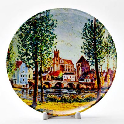 Декоративная тарелка Moret sur Loing Bridge church and mill Sun