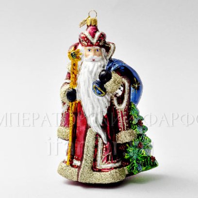 Елочная игрушка в подарочной коробке «Дед Мороз с мешком и посохом» Стекло. 105 x 185 мм.