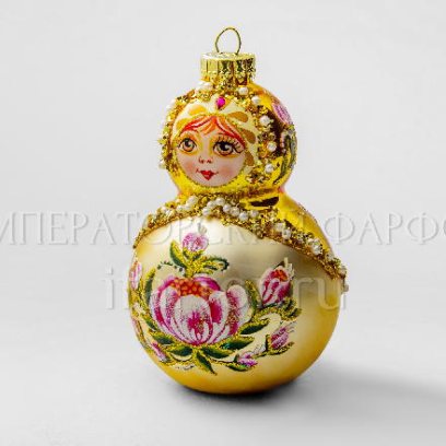Елочная игрушка «Матрешка золотая с розовыми цветочками» Стекло. 100 мм.