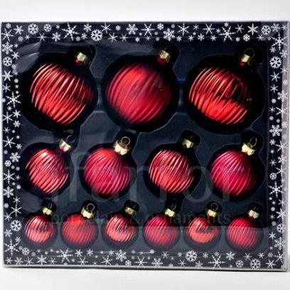 Набор елочных игрушек в подарочной коробке Рубиново-красный Шар ребристый