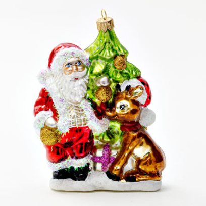 Елочная игрушка Дед Мороз с елкой и оленем