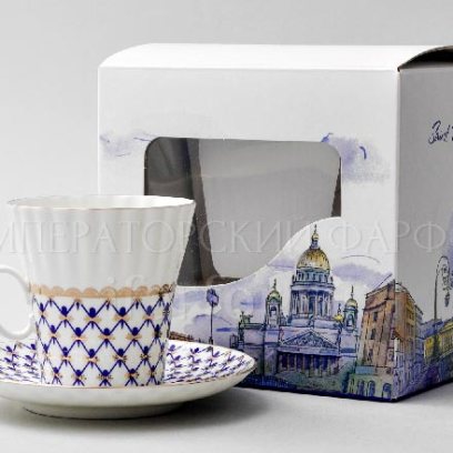 Чашка с блюдцем в подарочной коробке Петербург «Кобальтовая сетка» 1/2