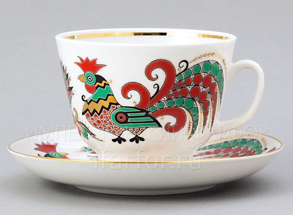 Cup and saucer Two roosters Gift