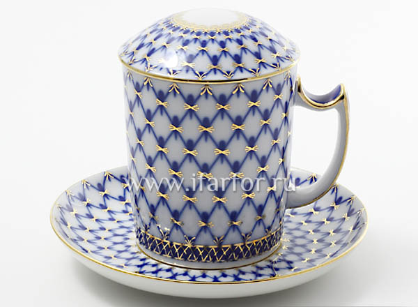 Mug with a lid and saucer Cobalt net Snowing morning