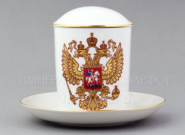 Mug with a lid and saucer Double-headed eagle Snowing morning