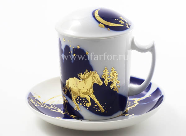 Бокал с блюдцем и крышкой Зимняя дорога Снежное утро