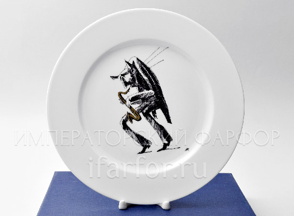 Decorative plate in a gift box Cat saxophonist
